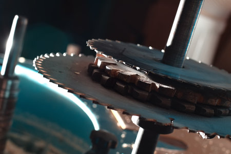 Sharp circular saw blades close up. Dangerous machine to cut up from horror films.