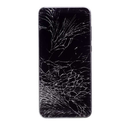A black phone with a broken display isolated on a white background.