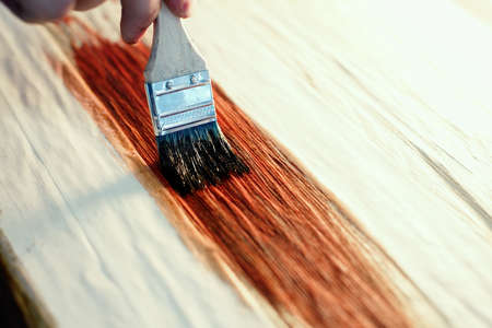 A working cabinetmaker holds a brush in his hand and paints a wooden surface. A trace of paint on a...