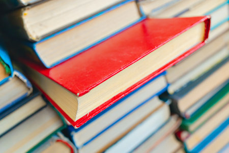 The Red Book is among many other books. A special close-up book. Background from old booksの写真素材