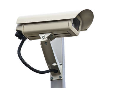 This is an outdoor surveillance camera in isolation on a white background. System of security and...