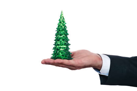 Hand of businessman in suit holds small green Christmas tree in palm of his hand. Concept. Special business offer. Object for collage.の写真素材