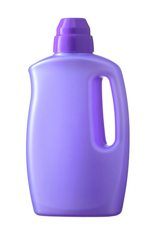 Purple plastic bottle of detergent or fabric softener, isolated on a white background. Collage layout. Front view. Studio photography. Empty space for label or logoの写真素材