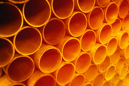 Gold metal pipes and adapters of different diameters for gasification or water supply. Industrial background with a copy of the space. Advertising photo for pipe suppliers with a copy of the spaceの写真素材