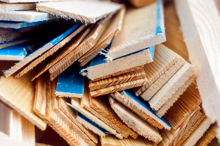 A pile of wood chips and wood waste for recycling. View from above. Recyclable materials.の写真素材
