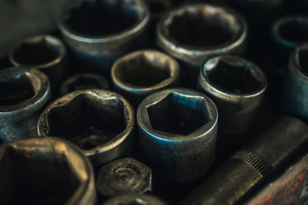 Dirty set or metal wrench set close-up. Genuine auto mechanic tools. Background.の写真素材