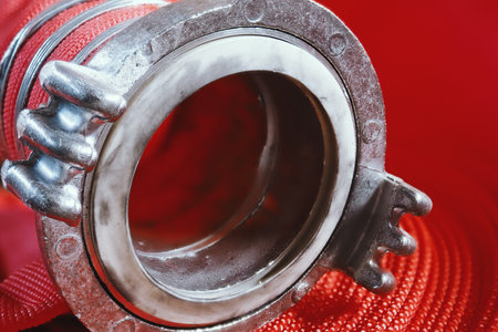 Red fire hose close-up. Abstract background or splash screen.