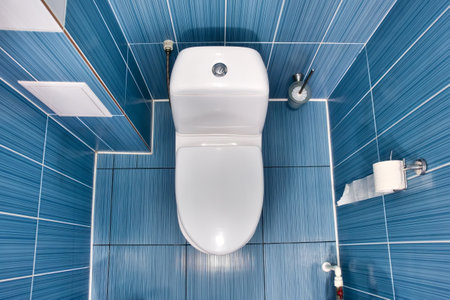 white toilet with closed lid in toilet with blue tiled wall. View of clean toilet bowl on top with toilet paper. Room of cramped restroom..の写真素材