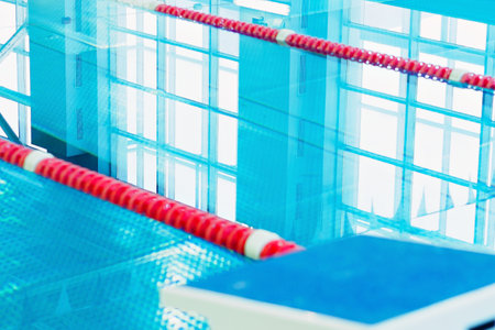 Starting table with numbers for diving in  pool. Swimming pool for competitions with lane demarcation. Background..の写真素材