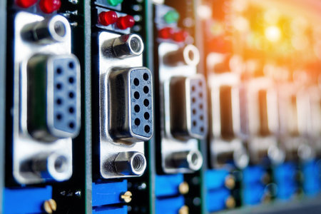 Board with chips, electronic chips, transistors and capacitors close-up. Electronic device detail with selective focus. background. Import and replacement of electronic processors from China..の写真素材