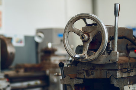 Old lathe for metal processing. Type of metal machine parts in lathe shop at factory. Industrial background. Industrial equipment..の写真素材