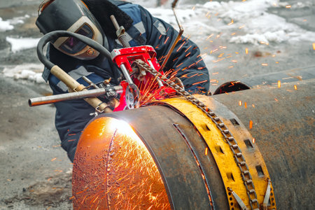 Working welder cuts metal and sparks fly. Gas cutting of large diameter pipes with acetylene and...