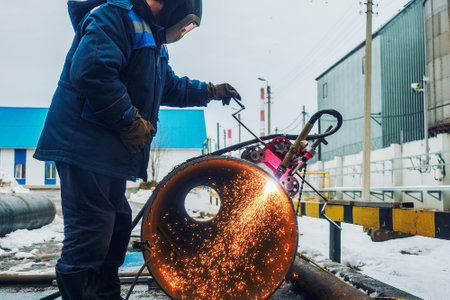 Working welder cuts metal and sparks fly. Gas cutting of large diameter pipes with acetylene and oxygen. Industrial metal cutting in oil and gas industry.の写真素材
