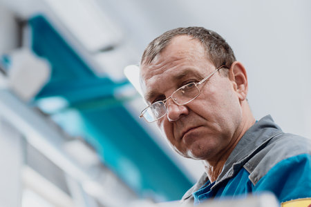 Portrait of turner with glasses 50-55 years old at work.Bottom-up view. Elderly metal turner works in workshop on machine behind job..の写真素材