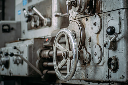Old lathe for metal processing. Type of metal machine parts in lathe shop at factory. Industrial background. Industrial equipment..の写真素材