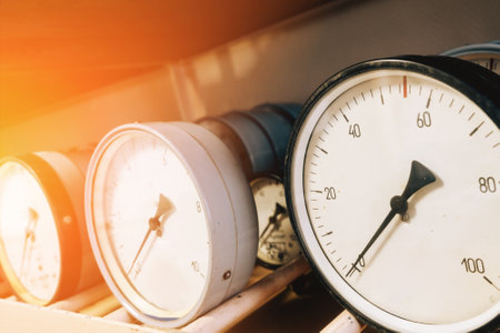 Pressure gauges lie on shelves in row. Calibration and repair service for sensors and pressure...