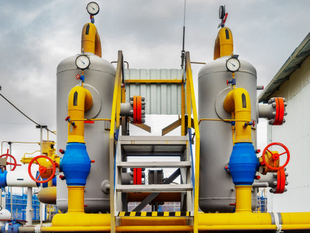 Gas distribution station. Pipes, valves and equipment of compressor station. Type of industrial facility. Industrial background. Natural gas supplier..の写真素材