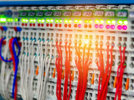 Network cables connected to switch. Many multi-colored wires connected to digital hub. Background close-up..の写真素材