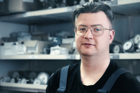 Portrait of white Caucasian man with glasses in production workshop against background of racks with instruments, sensors and pressure gauges. Worker of control and measuring service..の写真素材