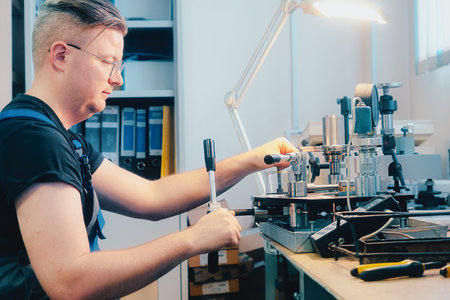 Professional calibration of pressure gauges and sensors. Working person sits at desk and is engaged...