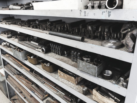 Metal rack with drills blanks in lathe shop. Industrial background. Turnery..の写真素材