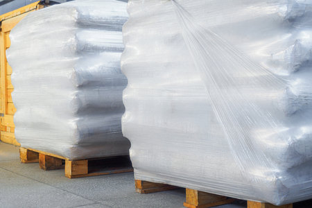 Storage of packaged goods or cargo in warehouse. On wooden pallets there are bags of cement wrapped with polyethylene film. Reliable cargo delivery service..の写真素材
