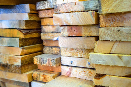 Wooden boards are stacked in a sawmill or carpentry shop. Drying and marketing of wood..の写真素材