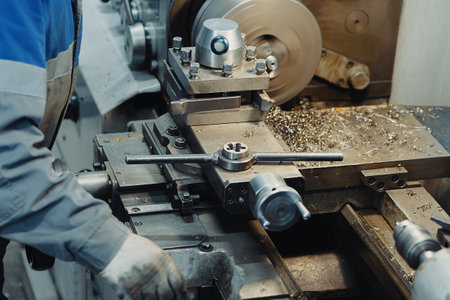 Metal turner works behind lathe in workshop. Metalworking. Background. Workplace..の写真素材