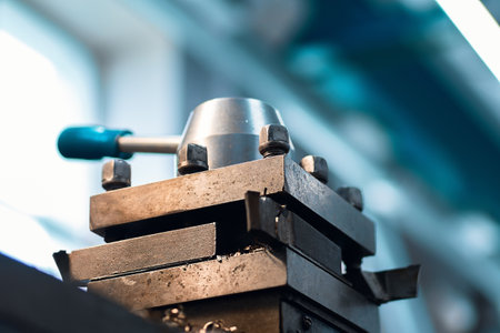 This is part of close-up metal lathe. Industrial equipment for metal processing. Milling machine handle..の写真素材
