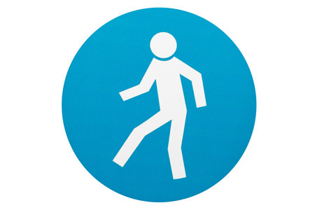 Graphic figure of person on blue background. Picture Round Warning Sign. Isolated on white backgroundの写真素材