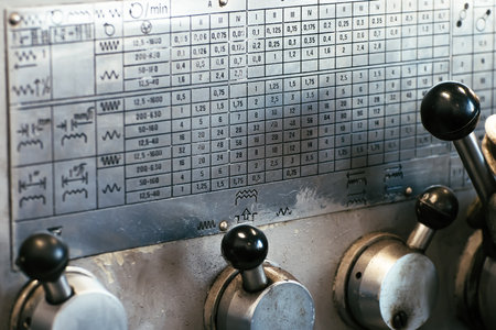 Kind of outdated metal lathe. Auxiliary table on lathe. Close-up.の写真素材