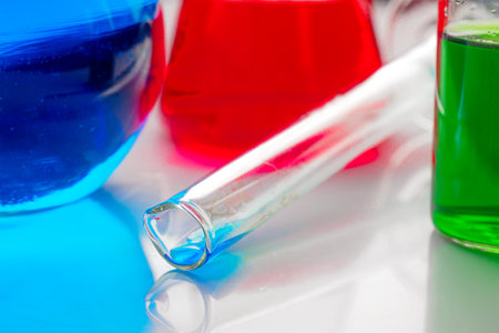 Close-up photo of medical liquid tubes. Chemical and laboratory analyses. Experiments and tests. Background..の写真素材