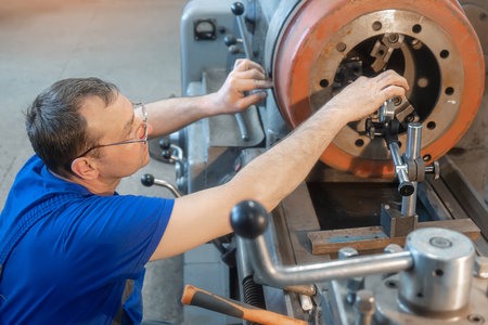 Turner with glasses working at lathe on shop floor. Turner aligns brake disc of truck on lathe..の写真素材