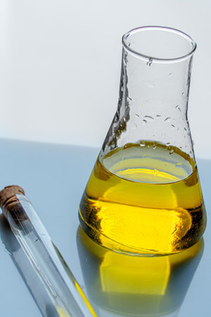 Medical tubes with liquid stand on mirror table. Chemical and laboratory analyses. Experiments and tests. Background..の写真素材
