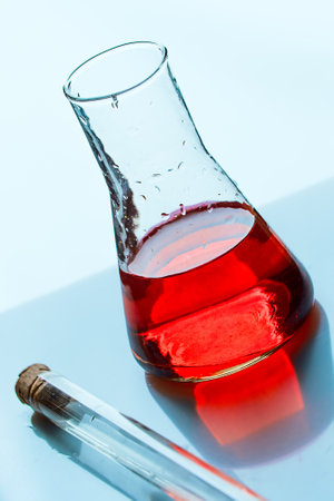 Medical tubes with liquid stand on mirror table. Chemical and laboratory analyses. Experiments and tests. Background..の写真素材