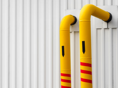Yellow pipes for transporting gas on white industrial background pointing vertically down. Background with copy space.の写真素材