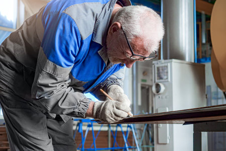 Elderly worker in glasses works in shop. Man in work clothes is bent over workbench in workshop and is making markings or drawings on metal sheet. Industrial background.の写真素材