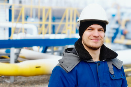 Caucasian civil engineer in white hard hat looks at camera and smiles. Portrait of young worker in front of industrial facility for gasification. winter day.の写真素材