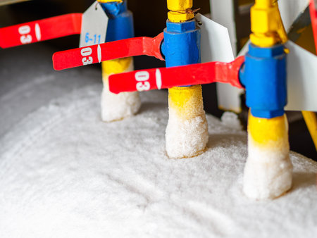 Close-up photo of valves and taps of gas equipment in snow and frost.の写真素材