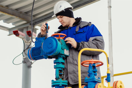 An engineer with a screwdriver repairs equipment at a gas station. Male engineer in helmet and winter clothing doing maintenance on industrial gas equipment outside..の写真素材
