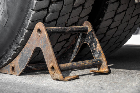 Recoil is installed under wheel of truck. Security. Background..の写真素材