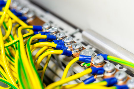 Wires with terminals in electrical panel close-up. Distribution board with yellow wires.の写真素材