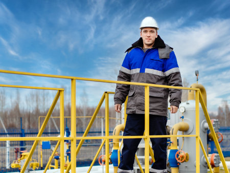 Portrait of worker in white helmet and winter pea jacket at industrial gas facility. Middle-aged Caucasian man stands in full growth on territory of gas distribution station. Genuine worker.の写真素材