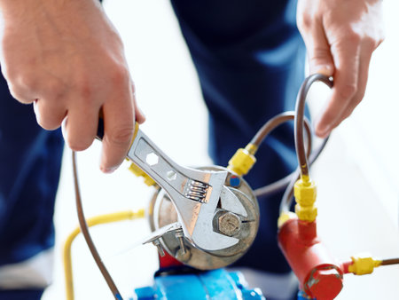 Worker tightens nut of gas equipment with adjustable wrench. hands close upの写真素材
