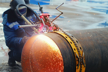 Welder in mask cuts large-diameter pipe with autogenous gun and sparks fly. Device for cutting metal...