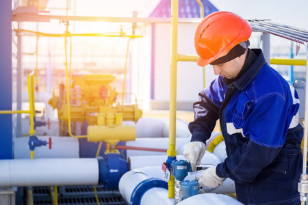 Control and measuring instrument fitter performs equipment operation diagnostics at gas distribution station on summer day. Professional worker in gas industry works at production facility. Portrait of real worker with copy space.の写真素材