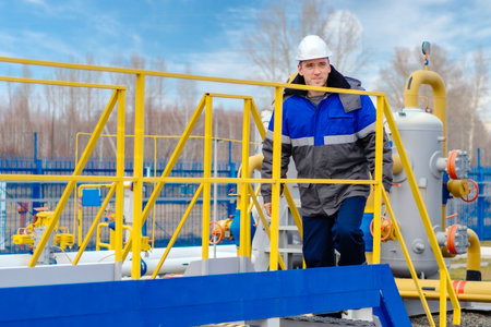 Portrait of worker in white helmet and winter pea jacket at industrial gas facility. Middle-aged Caucasian man stands in full growth on territory of gas distribution station. Genuine worker.の写真素材