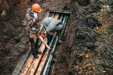 Two workers change public water pipes in trench on rainy autumn day. Troubleshooting. Breakthrough of water pipeline underground. Utilities. Real workflow..の写真素材