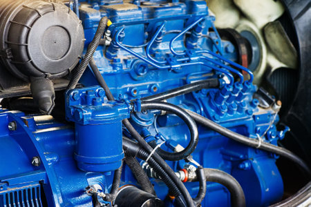 Its truck or tractor engine close-up. Repair and restoration of automotive equipment..