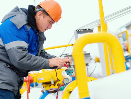 Mechanic of instrumentation and automation diagnoses sensors on the pipes of a gas distribution station with a multimeter in winter. Professional inspection and diagnostics of the working condition of gas equipment. Photo of a real workflow.の写真素材